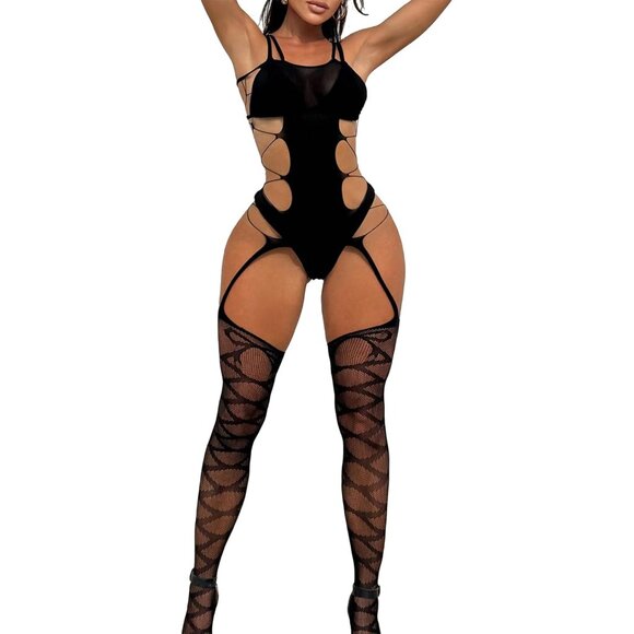 Naughty Plus Size Rhinestone Fishnet Lingerie – Irresistibly Seductive Outfit - Picture 1 of 6